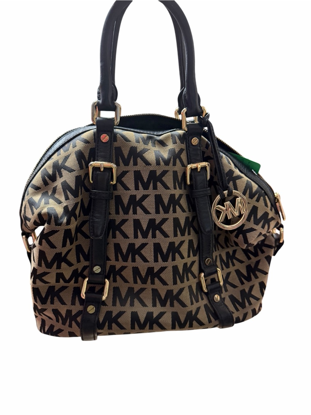 Michael Kors Beige and Black MK Logo Satchel with Gold Hardware